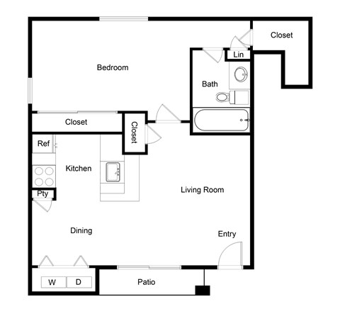Floor plan for 1 bed, 1 bath, 750 sqft